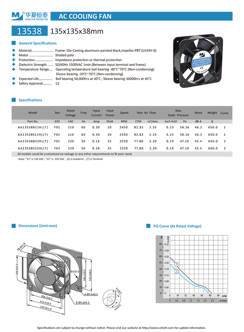 135x135x38mm ac cooling fan